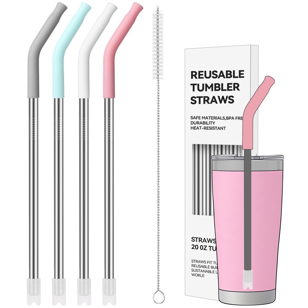 4 PACK 20 oz Straight Metal Straws with Silicone Tip for 20 oz Tumbler, Stain…