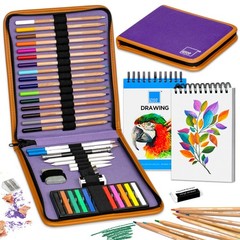 Drawing Travel Art Set 60 Sheets 6×8 Inch Pad 16 Colored Pencils 12 Pastels