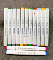 COPIC MARKERS Set Used 11x Yellow, Red, Blue, Green+2 ….. …..(C7B1)