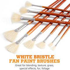 Artist Fan Paint Brush Set of 9 White Hog Bristle Natural Hair Anti Shedding