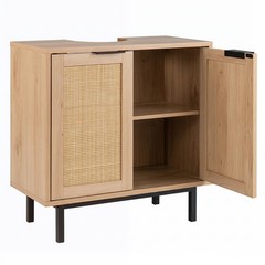 Bathroom Vanity Cabinet with U-Shaped Cut-Out 2 Rattan Doors and Shelf-Natural