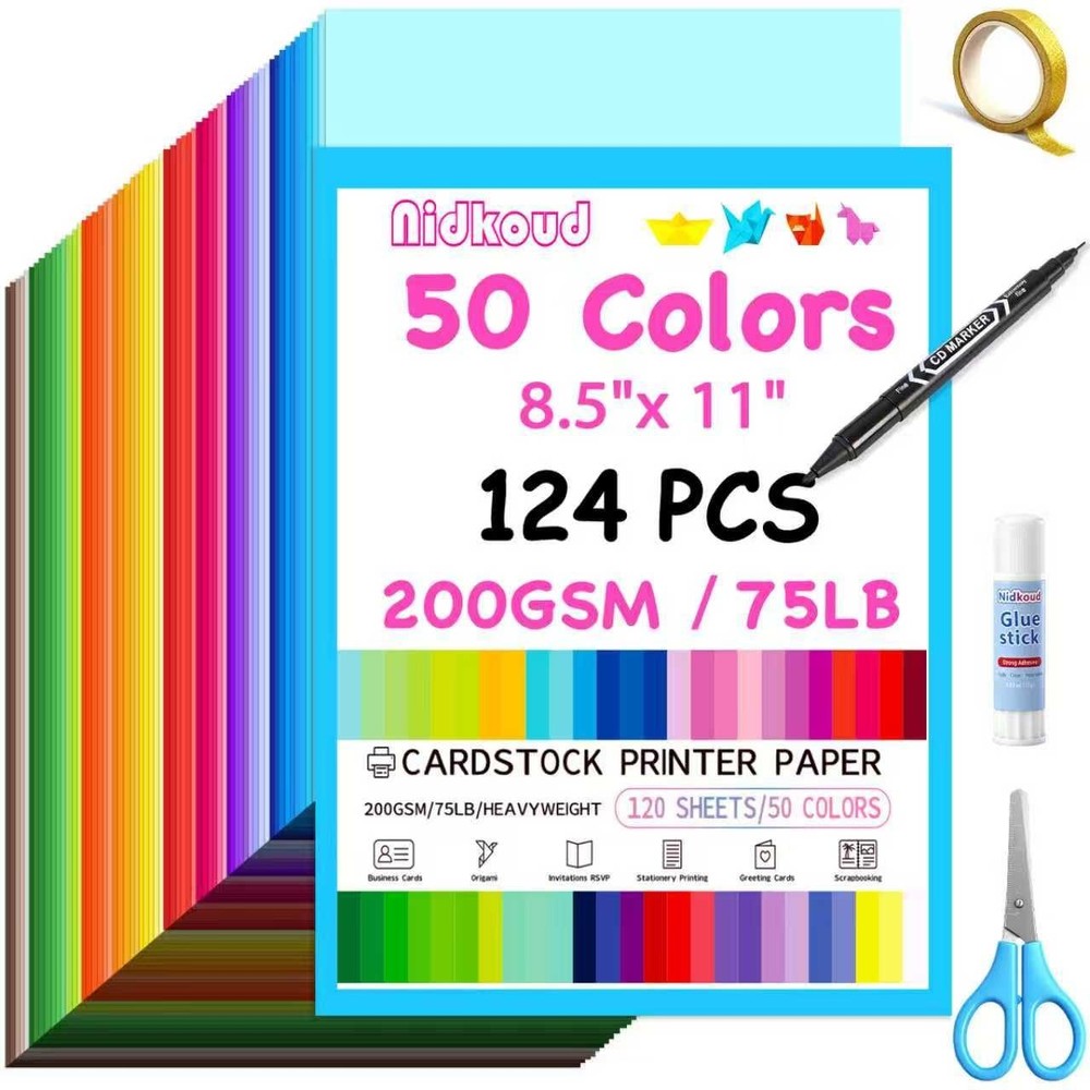 124 PCS Colored Cardstock 8.5″ x 11″, 50 Assorted Colors Construction Bulk fo…