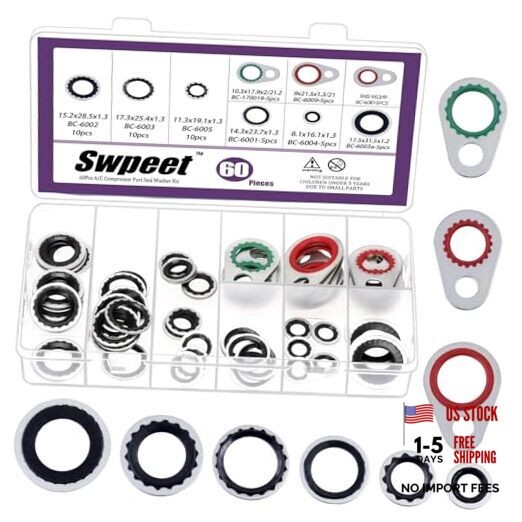 60Pcs 9 Size A/C System Compressor Gasket Seals Assortment Kit, Air