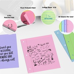 400 Sheets College Ruled Pastel Filler Paper Set, 8″x10.5″, 3-Hole Punched, Bind