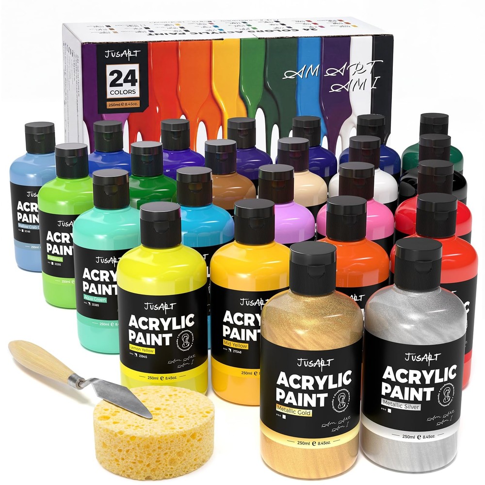 JusArt 24 Colors Acrylic Paint Set, Including Gold and Silver, 8.45oz(250ml) …
