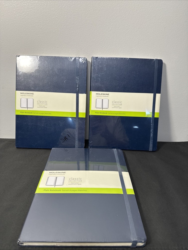 (3) MOLESKINE NOTEBOOKS LARGE PLAIN NAVY HARDCOVER 192 Pages 7.5 X 9.75 NEW