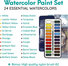 Watercolor Paint Essentials Set – Lightweight and Portable Metal Box – Lid Has 3