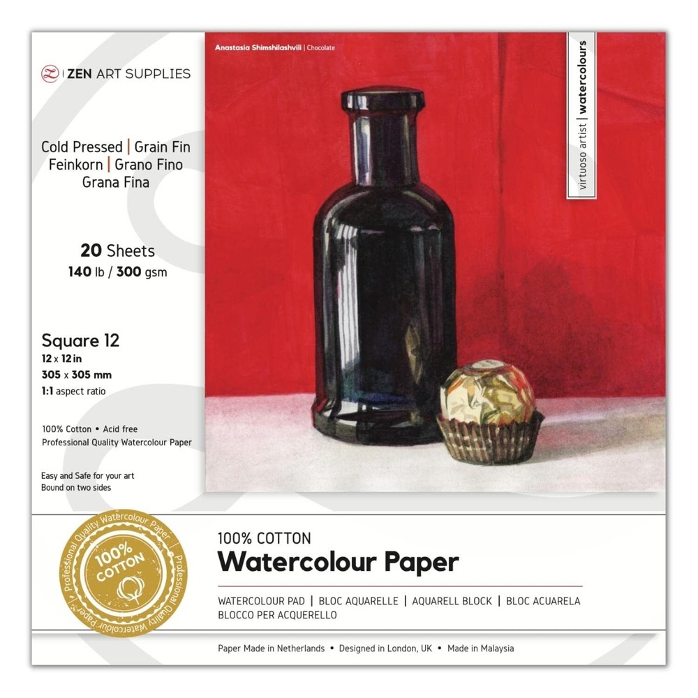 ZenART 100% Cotton Watercolor Paper 12×12″ 20 Sheets 140lb Cold Press Block