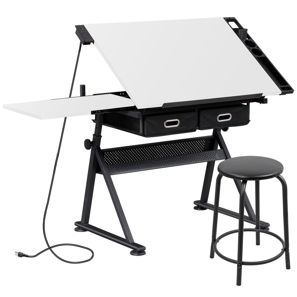 Adjustable Drafting Table with Stool Drawing Desk Artist Table with Outlet White