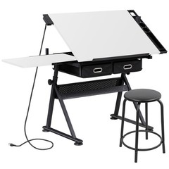 Adjustable Drafting Table with Stool Drawing Desk Artist Table with Outlet White