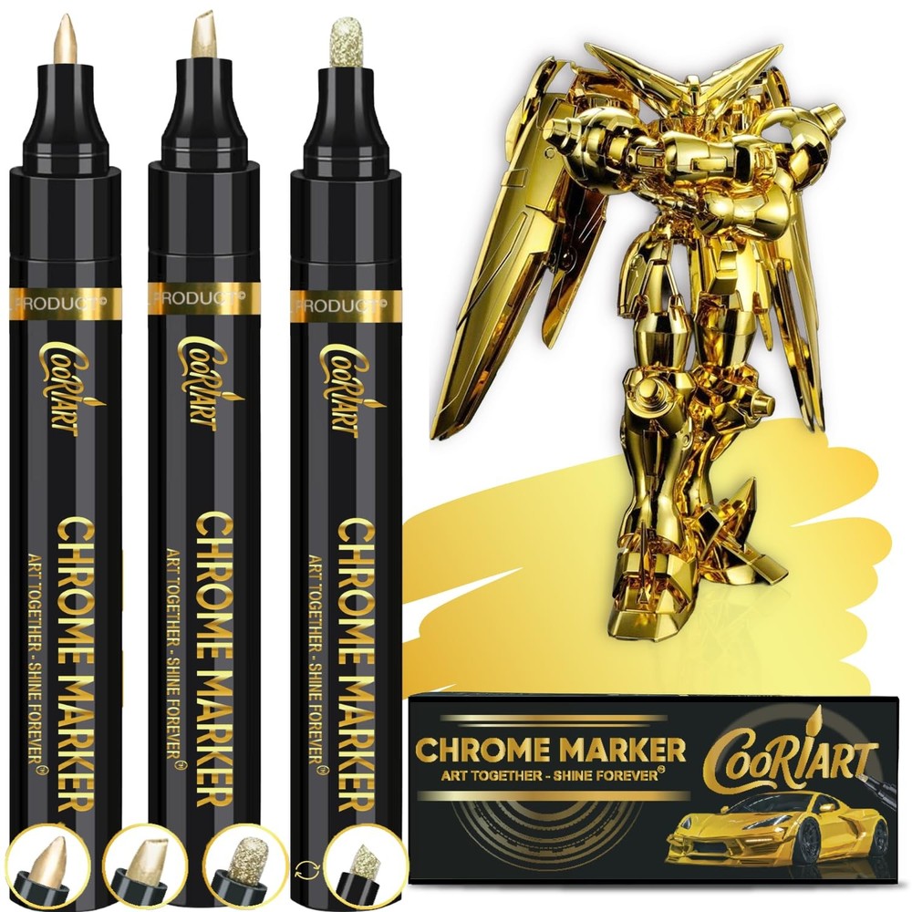 COORIART 3PK Mirror Gold Paint Pens, 3 Tip Set (0.7/1/3mm), Multi-Surface Use