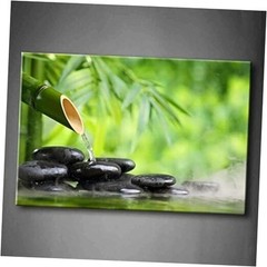 Green Spa Still Life with Bamboo Fountain and Zen Stone in Water 36L” x 24W”