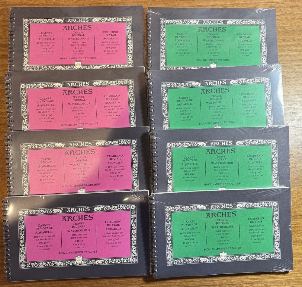 Lot of (8) ARCHES 6 x 10 Travel Journal COTTON COLD/HOT PRESSED Watercolor Paper