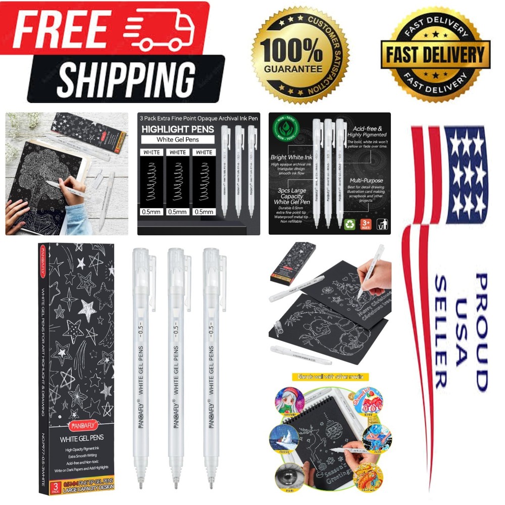 White Gel Pens, 0.5mm Extra Fine Point Opaque Archival Ink Pen – 3 Pack