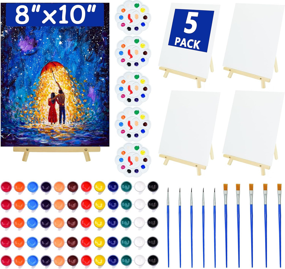 5 Pack 8X10 Inch Canvas and Easel Set, Sip and Paint Kit for Adults,Art Canvas B