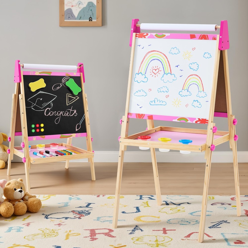 Kids Easel Set w/ Paper Roll Adjustable Wooden Double-Sided Magnetic Chalkboard