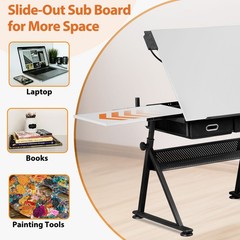 Adjustable Drafting Table with Stool Drawing Desk Artist Table with Outlet White