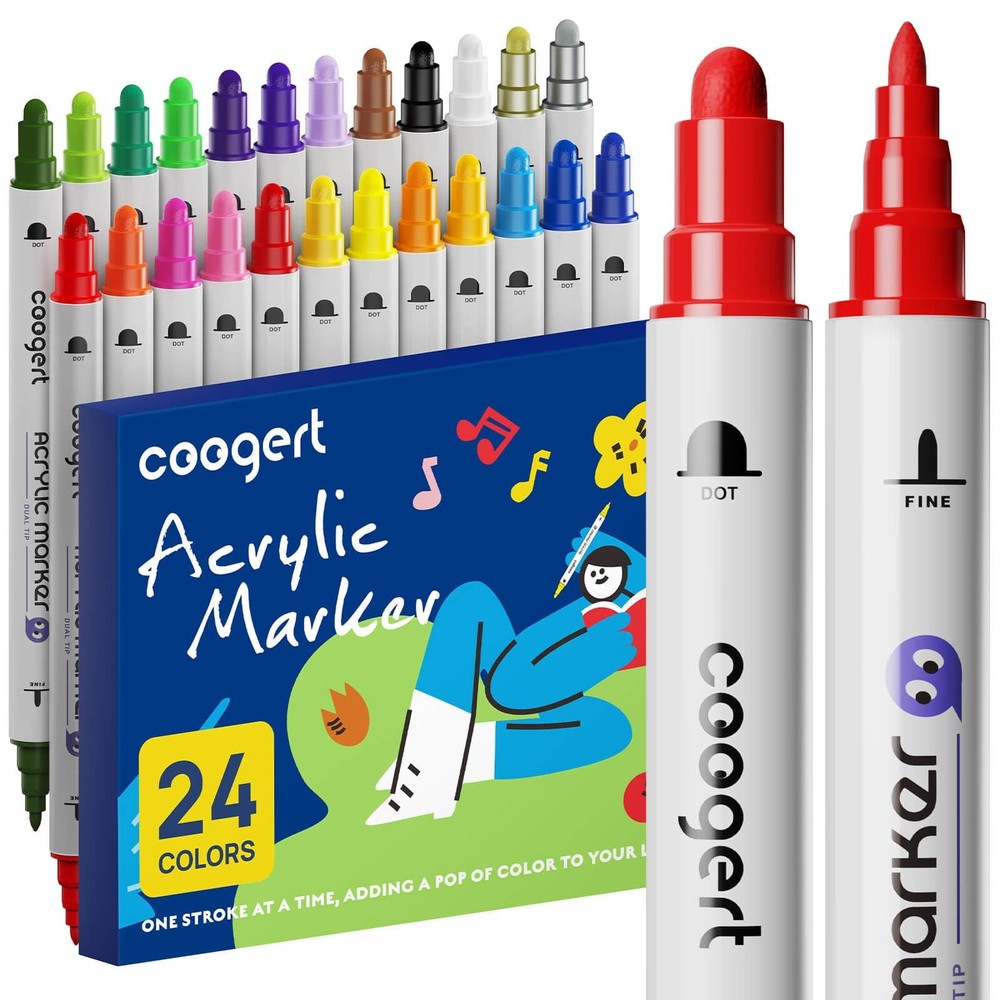 24 Dual Tip Acrylic Paint Markers Kit w/Fine Tip for Rock, Fabric, Glass, Wood