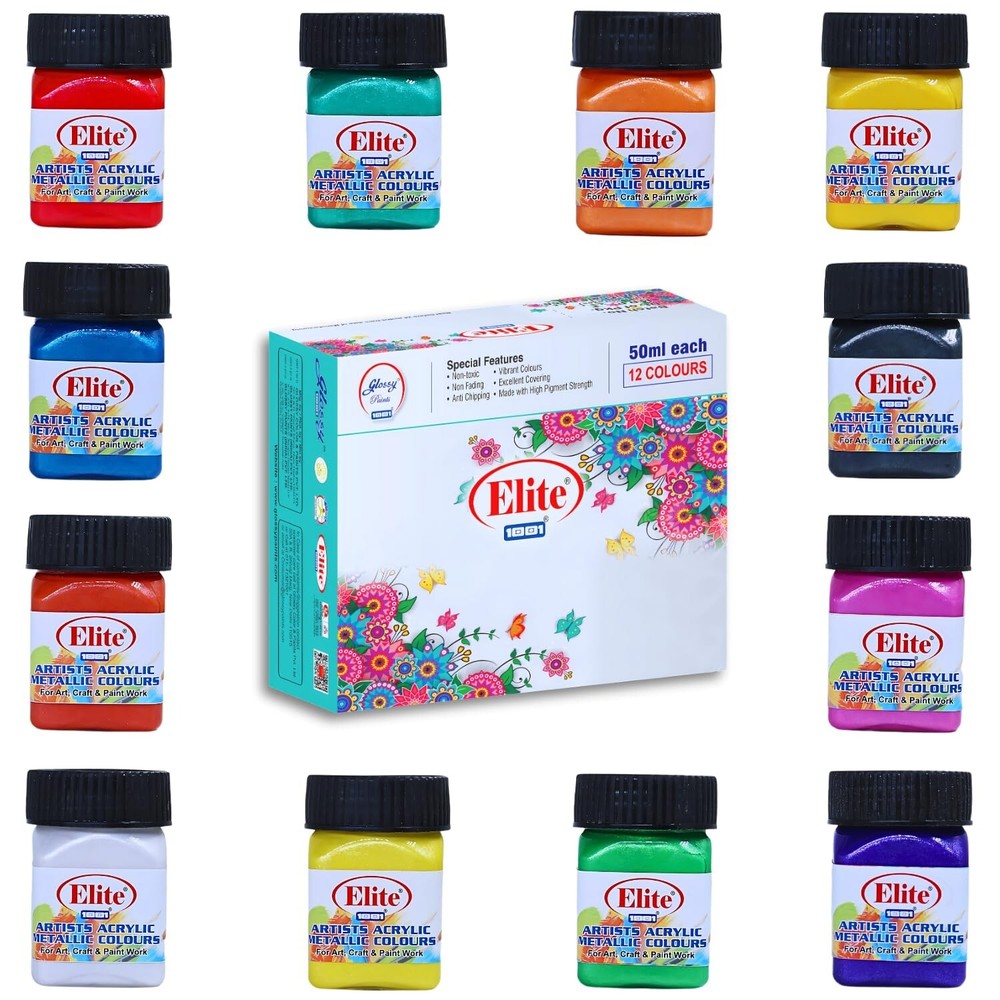 1001 Elite Artists Acrylic Metallic Colors Set | 12 Shades of 50ml Each