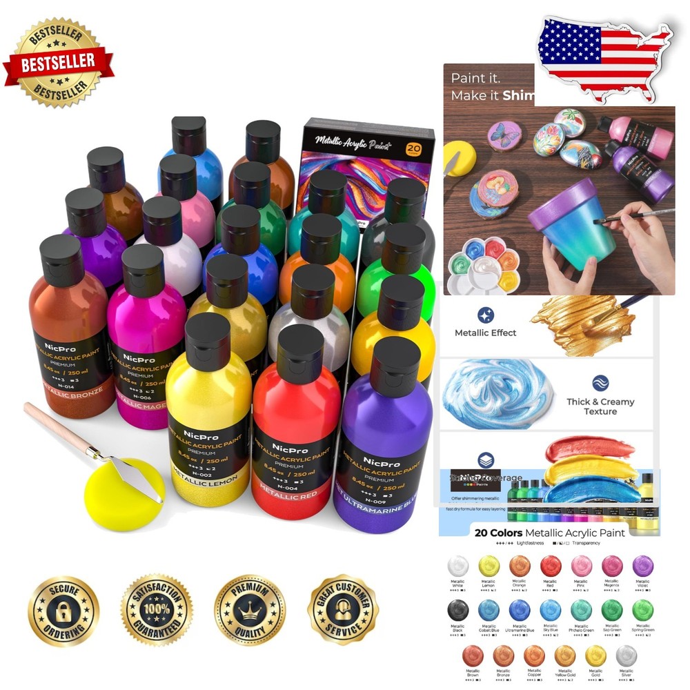 Large 250ml Metallic Acrylic Paint Set, 20 Vibrant Colors, Fade-Resistant
