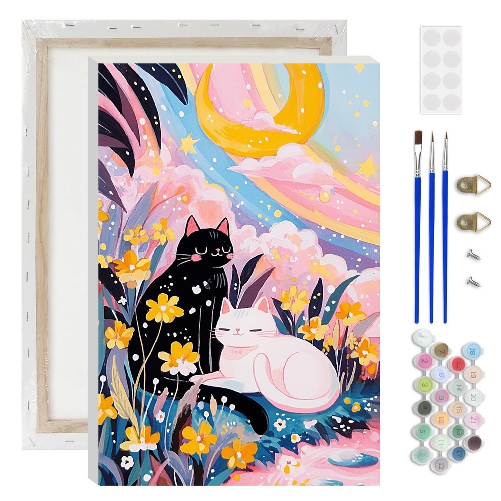 Adult Framed 8×12 Fantasy Cats Paint by Numbers Kit, Rainbow Clouds DIY Decor