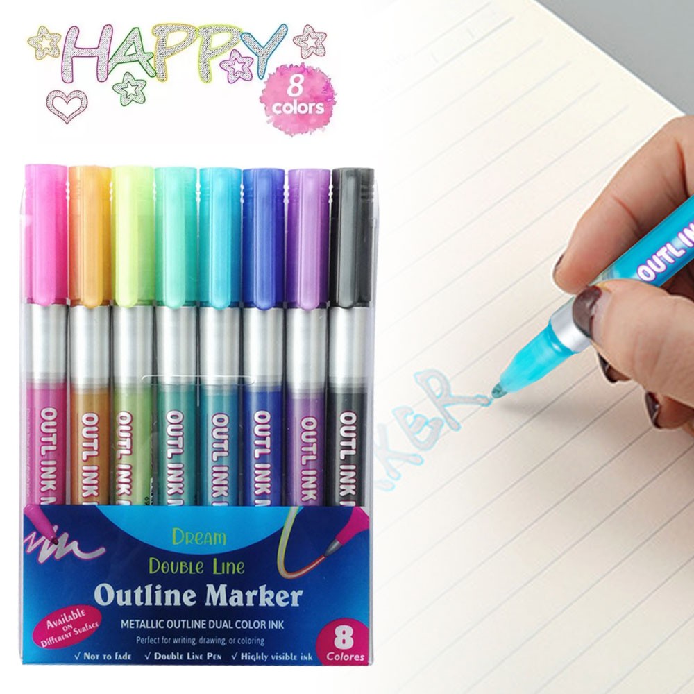 Color Card Writing Drawing Double Line Outline Pen Highlighter Marker Pens TL