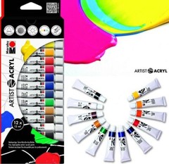 MARABU 12 Brilliant Colours x 12ml Artists ACRYLIC Paint Tubes Set Art Painting