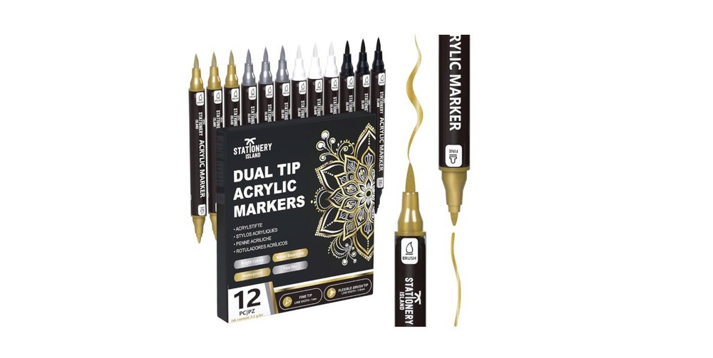 2 X Acrylic Paint Pens 12 PCS–Metallic Gold Silver White Black,Dual Tip Markers.