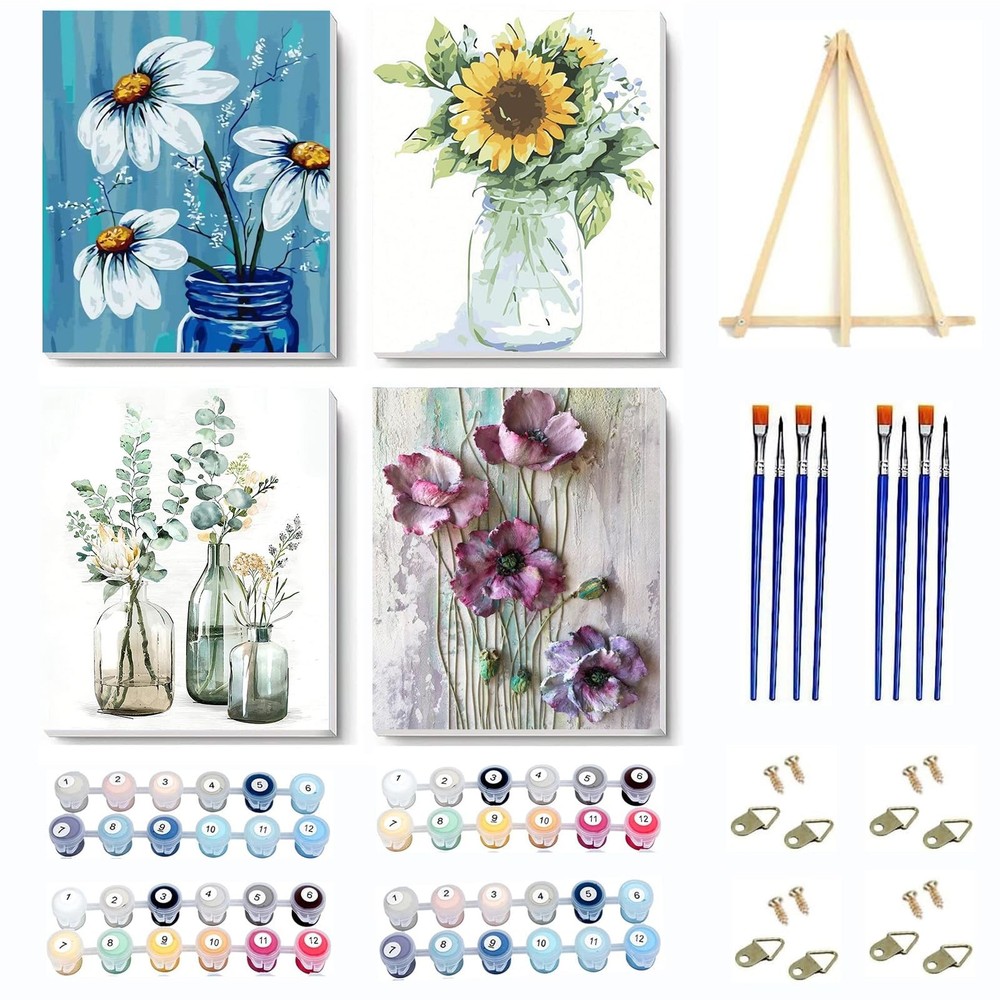 4 Pack Paint by Numbers kit for Adults Framed Canvas – with Wooden Easel,Paint b