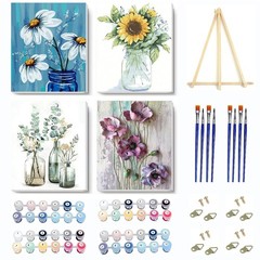 4 Pack Paint by Numbers kit for Adults Framed Canvas – with Wooden Easel,Paint b
