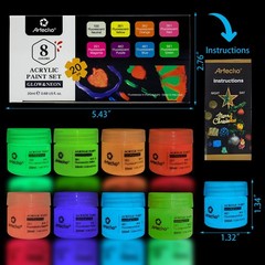 Artecho Glow in the Dark Paint 8 0.7 Fl Oz (Pack of 1), Glow&Neon-8 colors