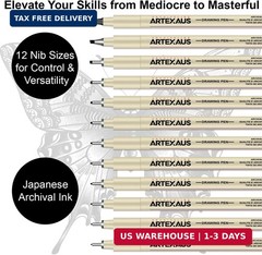 Micro Fineliner Drawing Art Pens, 12 Assorted Sizes, Waterproof Archival Ink, Ar