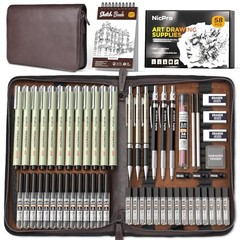 58 PCS Art Drawing Supplies Kit in Leather Case, Art 0.5mm 0.7mm 0.9mm 2.0mm