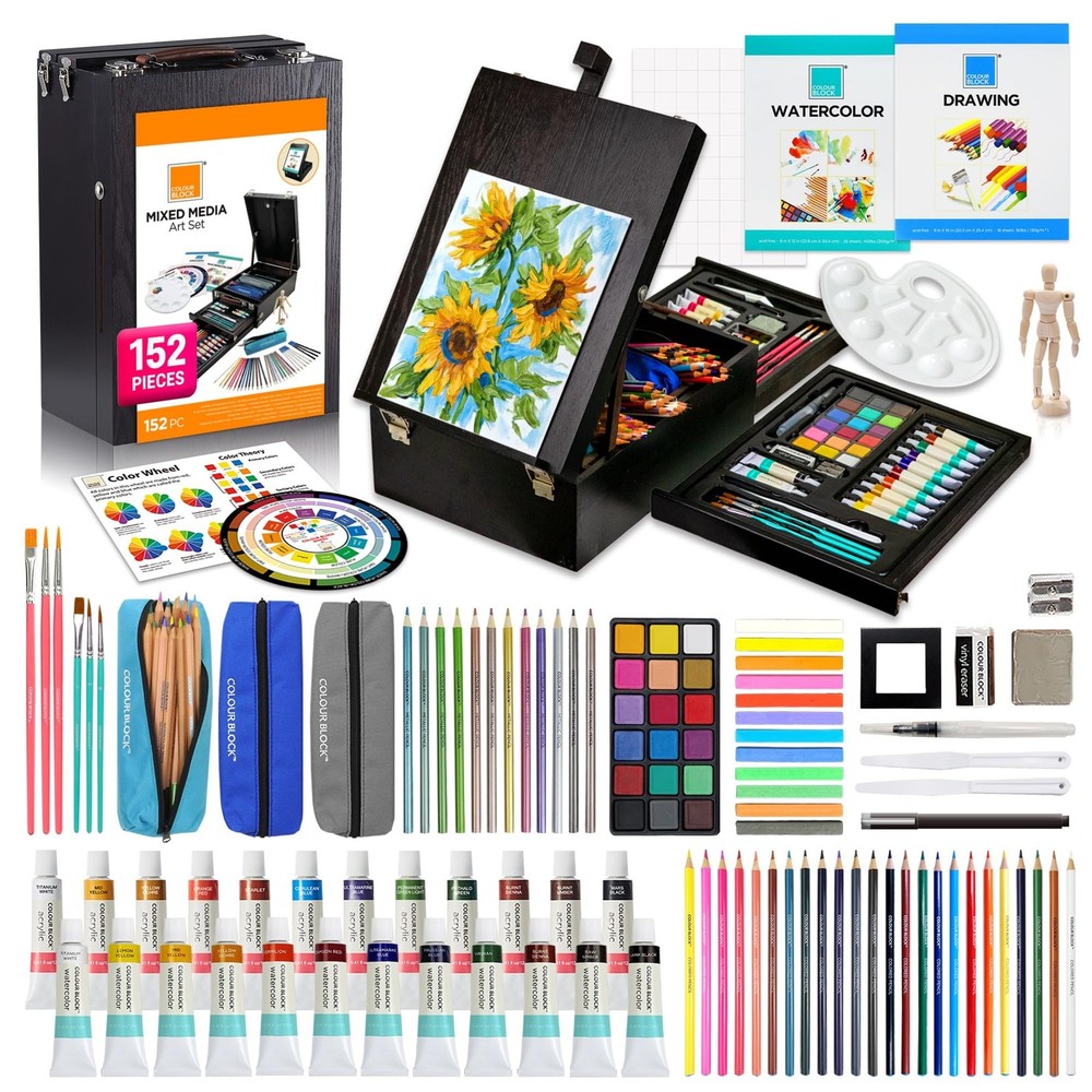 COLOUR BLOCK 152-Piece Wooden Easel Art Supplies Set, Professional Painting a…