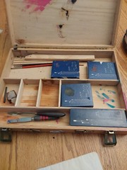 Vintage Grumbacher oil paint 7 Tubes Old Stock Wooden Case Brushes Spatulas