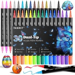 30 Color Acrylic Paint Pens Dual Tip Brush & Fine Tip Rock Wood Canvas Glass New