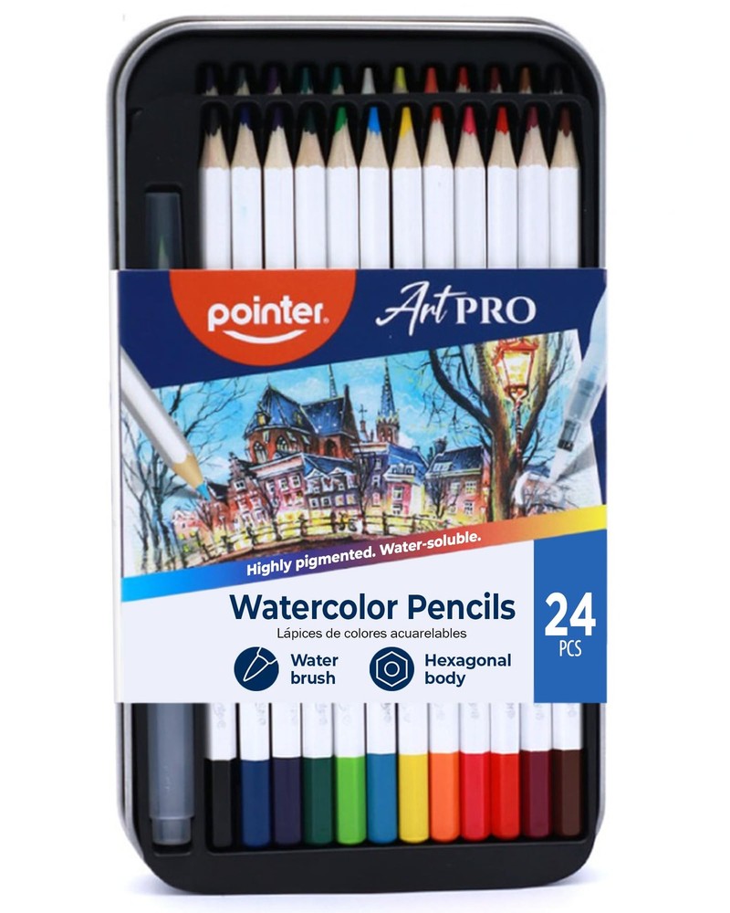 24 PCS Art Pro Watercolor Pencils Refillable Water Brush Metal Case Drawing