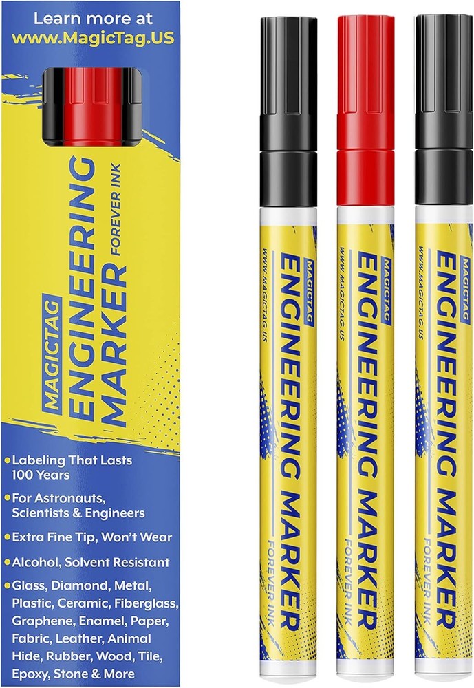 Magic Tag Engineering Marker Pack of 3 Permanent Lab Markers Black Red