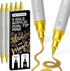 5 Gold Acrylic Paint Pens – Dual Tip (Brush & Fine) Markers for Fabric, Canvas,
