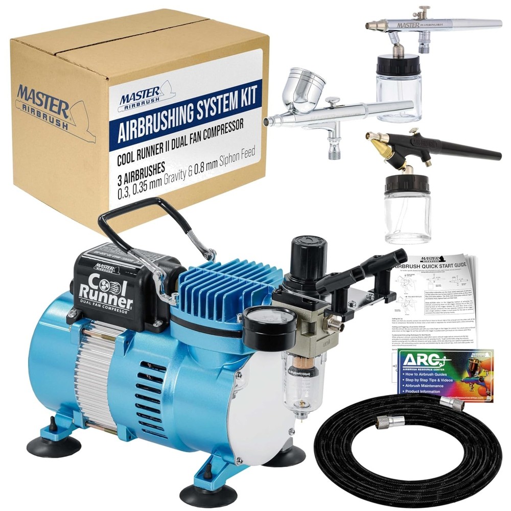 Air Brush Kit with Compressor & 3 Dual-Action Airbrushes