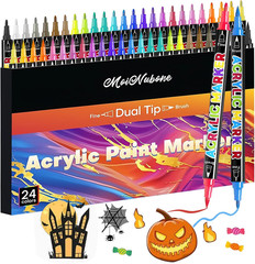 24 Colors Dual Tip Acrylic Paint Markers, Premium Acrylic Paint Pens for Hallowe