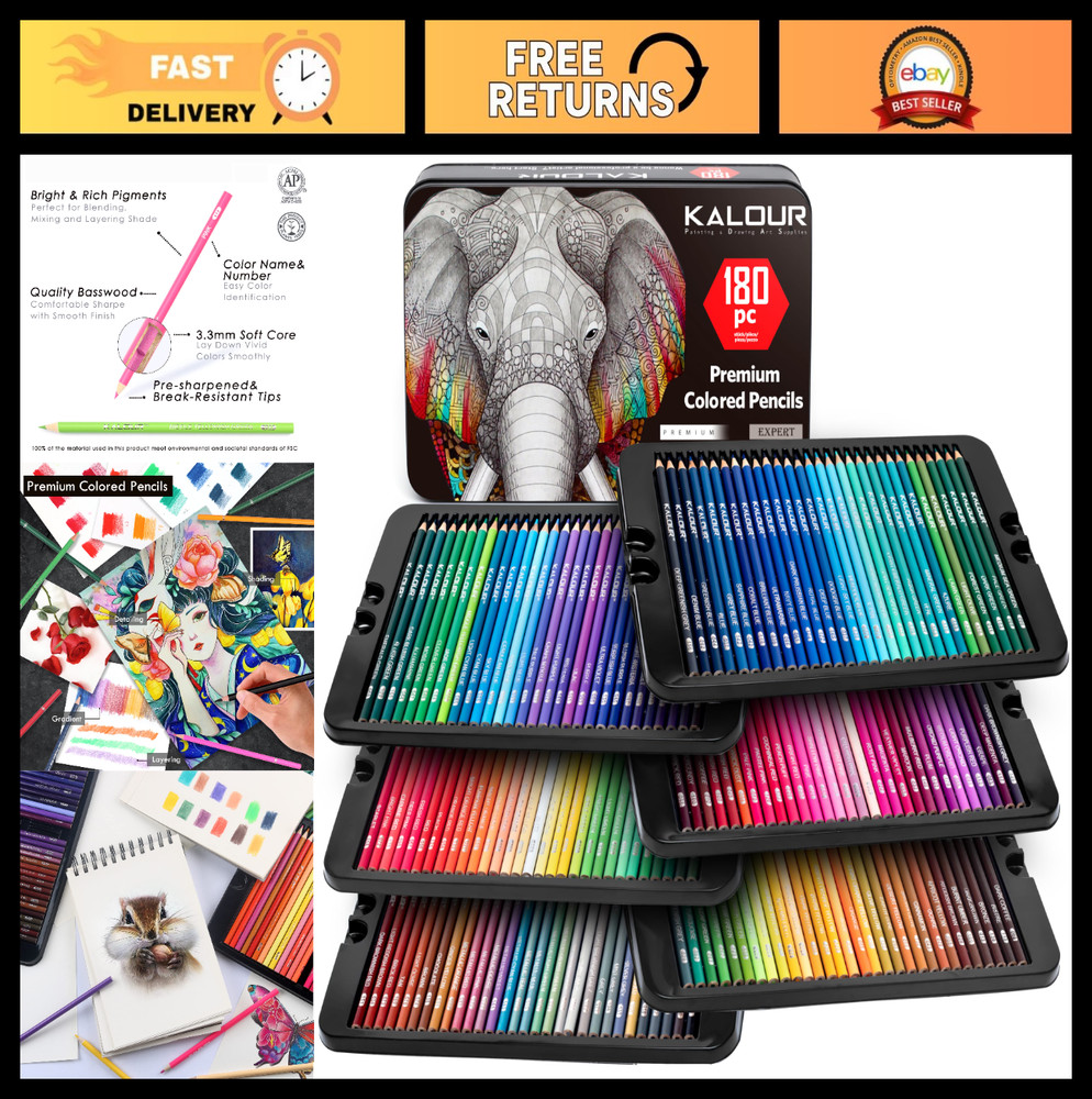 180 Colored Pencil Set – Soft Core, Rich Pigment, 12 Metallic Pencils – Ideal fo