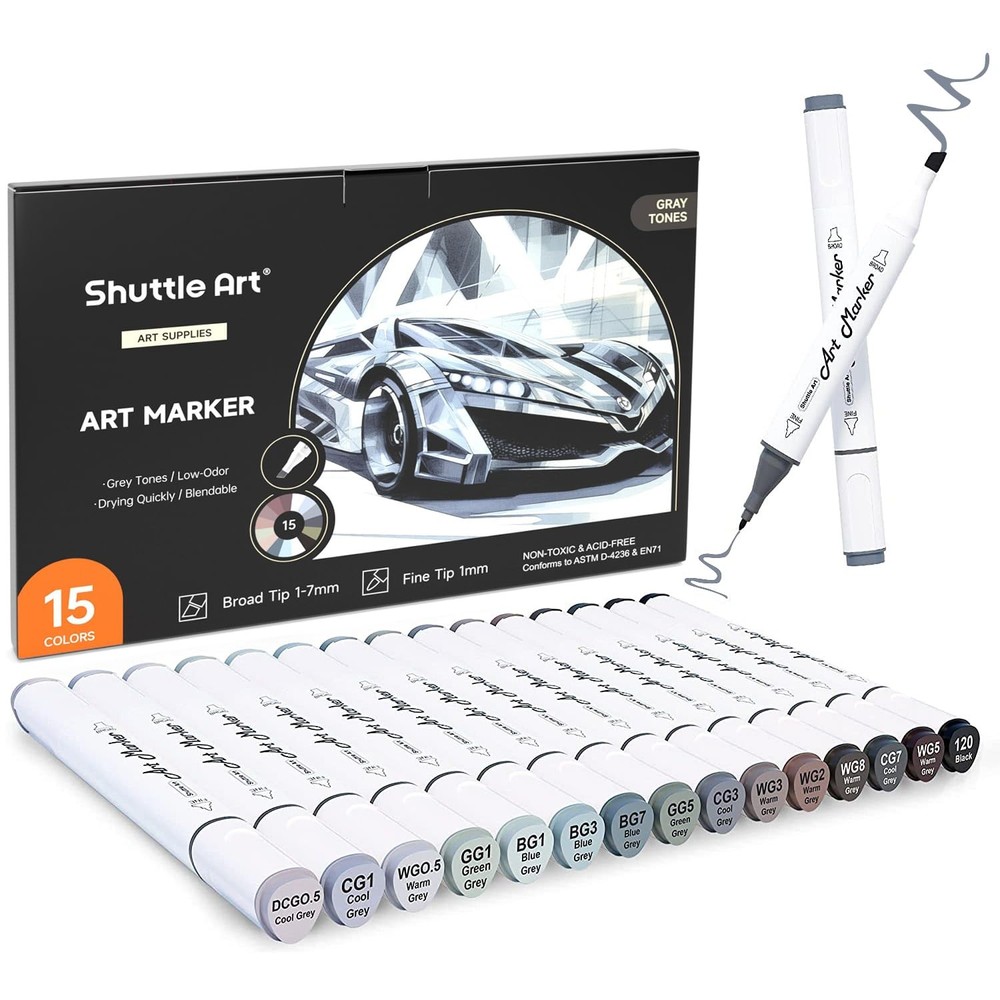 15 Colors Grey Tones Dual Tip Art Marker, Alcohol Based Marker Pens Double En…
