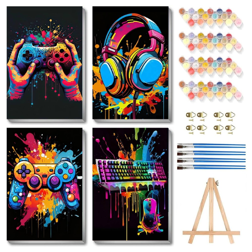 4 Pack Paint by Numbers Kit for with Frame Wooden Easel, Video Game Paint by …