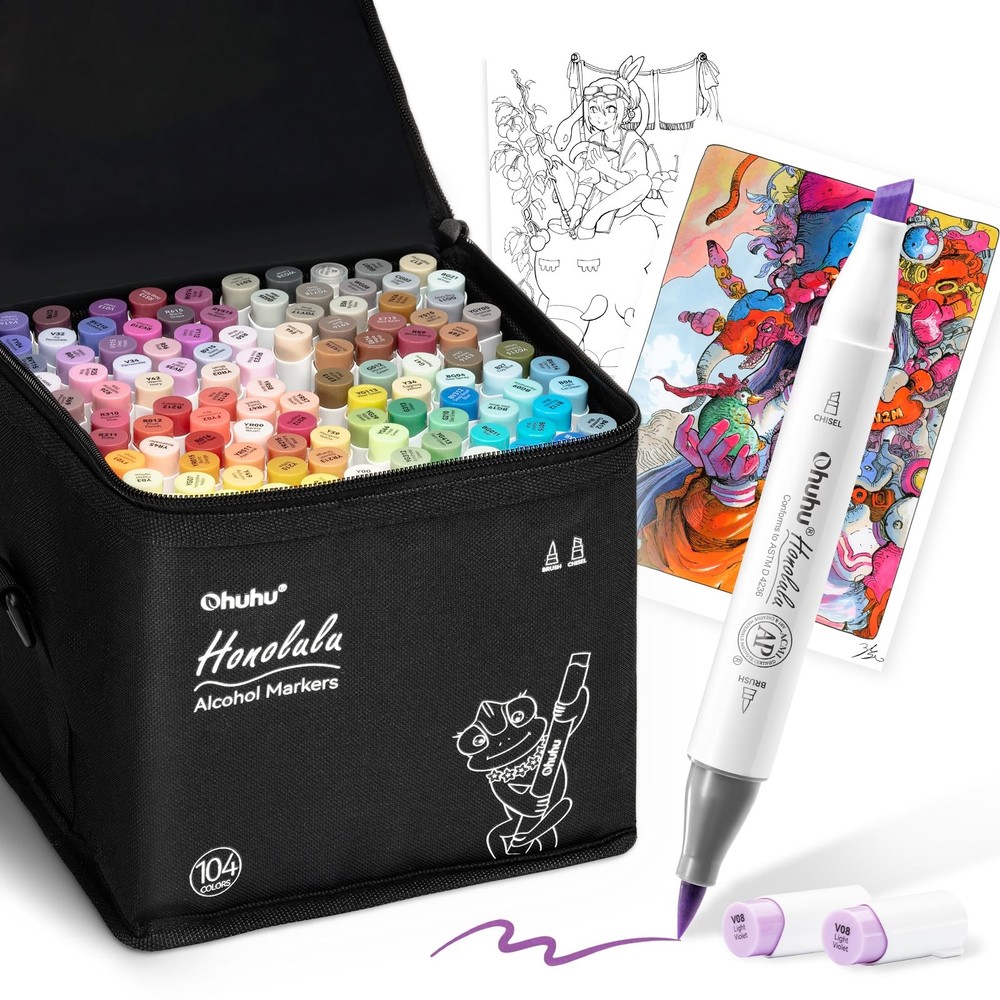 Ohuhu Illustration Markers, Brush Type, Bold, 104 Colors, Honolulu Series