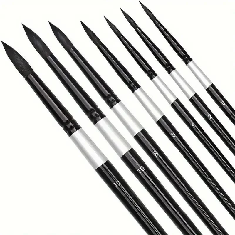 7Pcs Squirrel Hair Brush Set – Round/Pointed Tips for Gouache/H2O | Beginner Art
