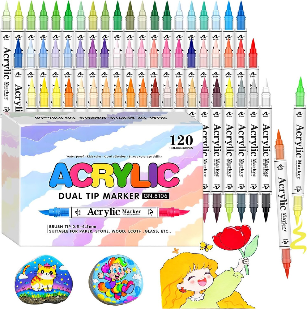 120 Colors Acrylic Paint Markers,60 Pack Automatic Controlsoft Brush Acrylic Ma