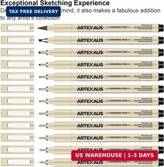 Micro Fineliner Drawing Art Pens, 12 Assorted Sizes, Waterproof Archival Ink, Ar