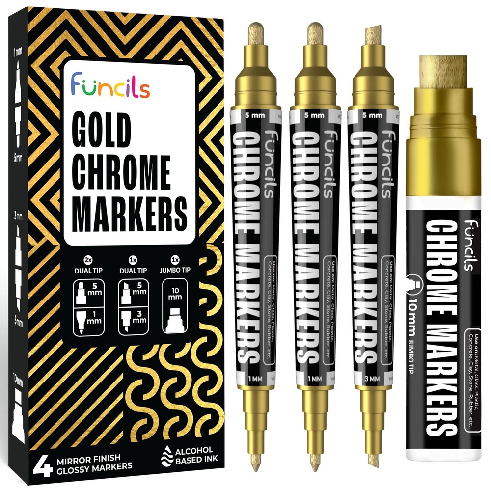 Chrome Gold Paint Pen – 4 Gold Paint Markers (1mm, 3mm, 5mm, 10mm) | Permanen…