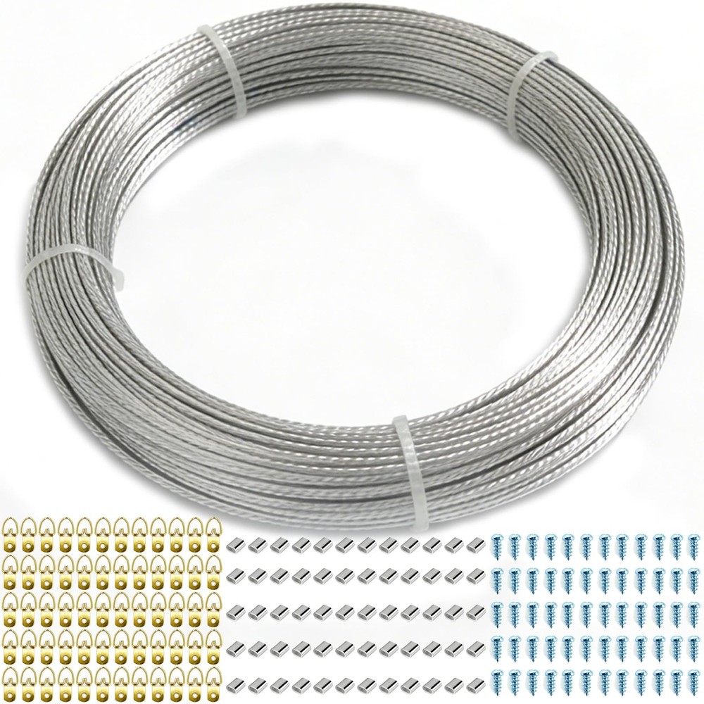 Picture Hanging Wire Kit (181Pcs)110Ft Braided Wire, 60 Pcs D Silver